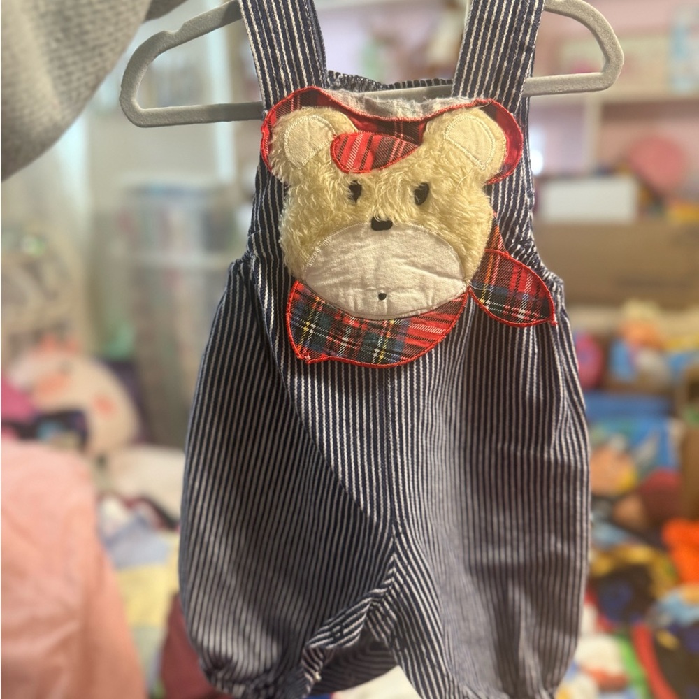 Vintage Striped Overalls with Bear Patch